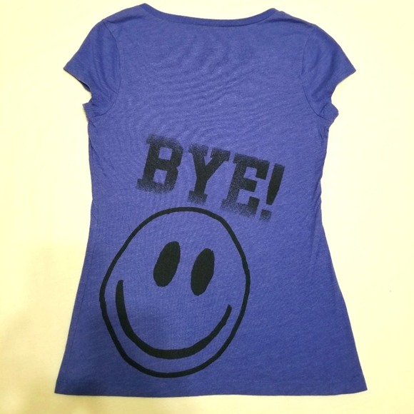 SMILEY Hi! BYE! T-shirt Womens Juniors M/M 7/9 Cap Sleeve Tee Blue - Picture 2 of 8